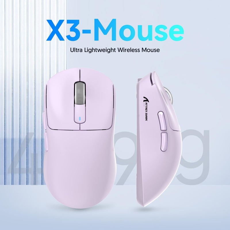 MANBASNAKE ATTACK SHARK X3 Wireless Gaming Mouse, 49g Ergonomic Computer Mouse, Triple Modes PAW3395 26K DPI Optical Sensor, 200h Battery Life, Programmable Buttons, Gaming Accessories for PC/Laptop/Mac (Purple) - Image 2